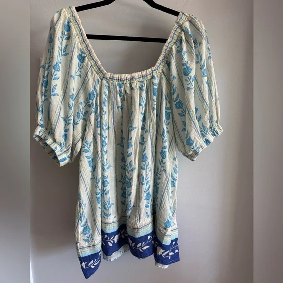 Free People Santorini Print Puff Sleeve Empire Waist Long Cotton Tunic Top NEW L - Picture 8 of 11